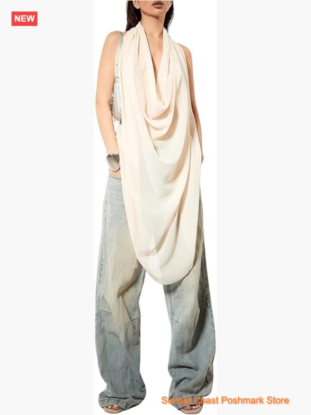 Women's Cowl Neck Backless Halter Top See Through Going Out Tank Top Sleeveless